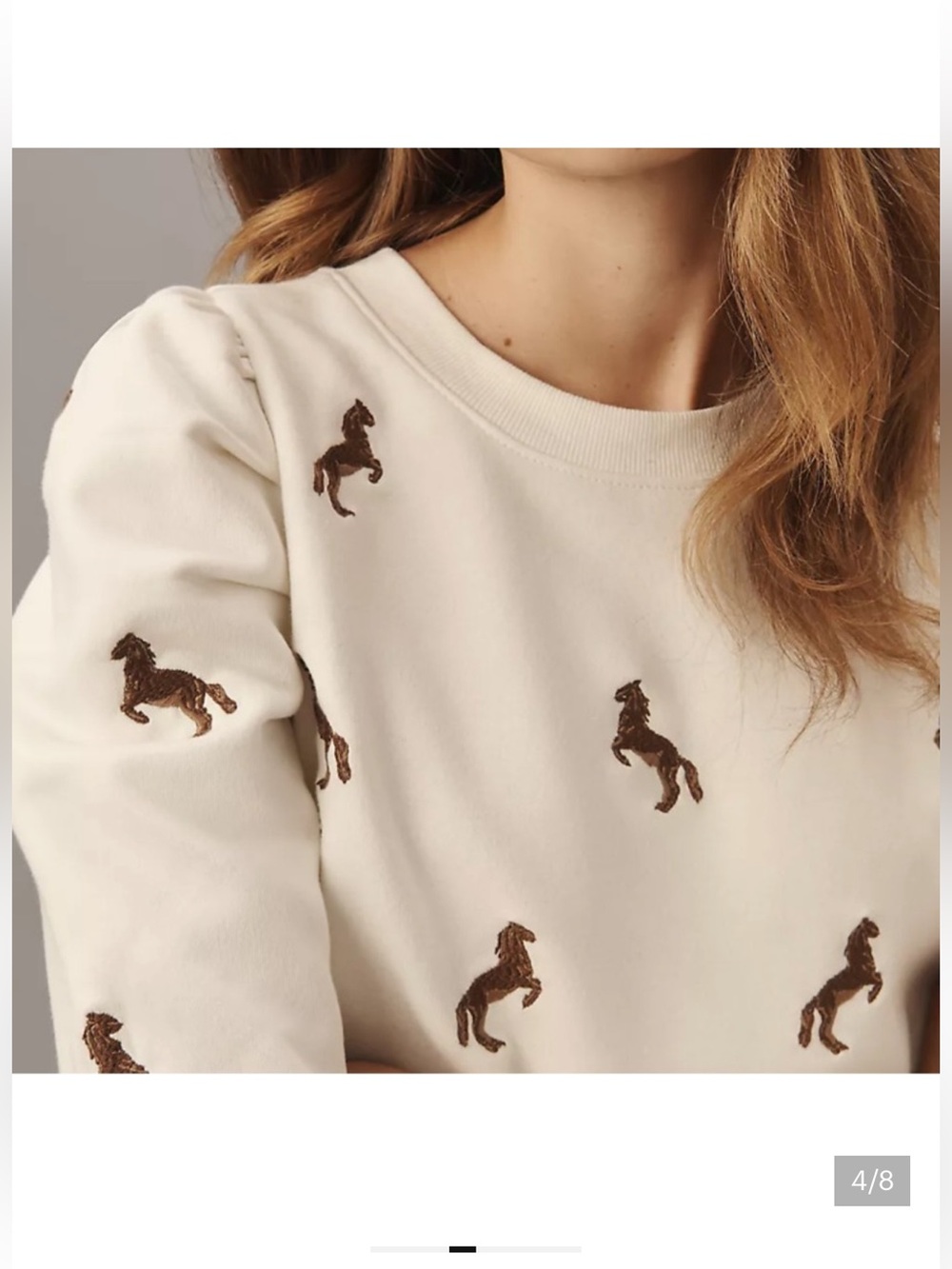 Anthropologie Maeve Ivory Crewneck Sweater with Brown Horse Embroidery